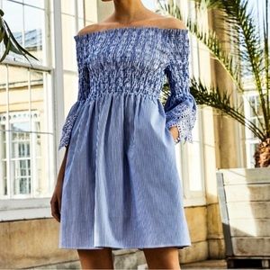 EUC Ted Baker London Noaah Blue and White Smocked Off The Shoulder Dress Size 4